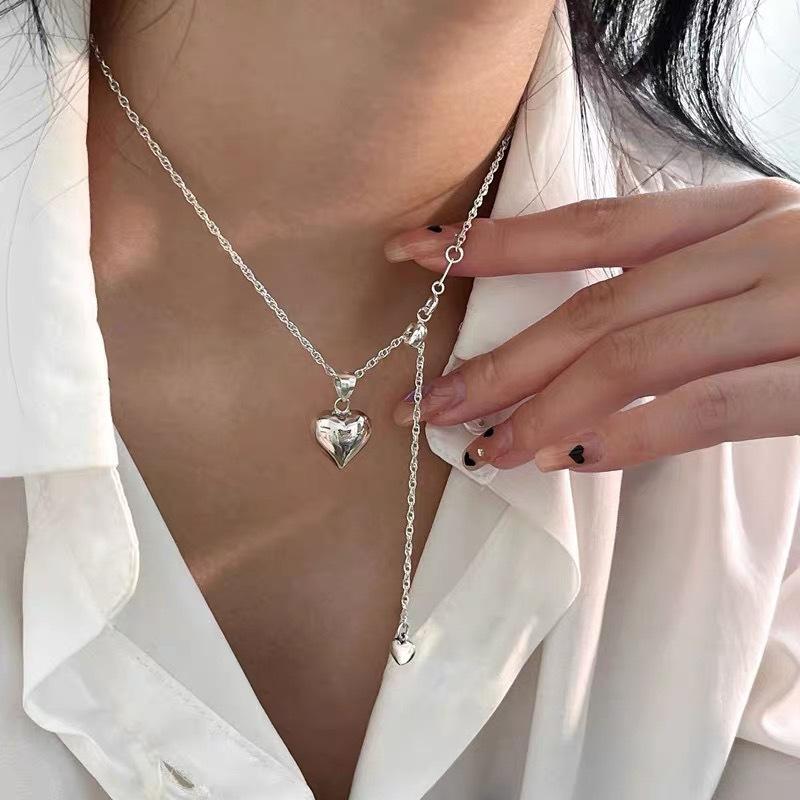 Adjustable Heart Pull Necklace For Women Summer Accessories Minimalist Elegant Pendant Versatile Layering Chain