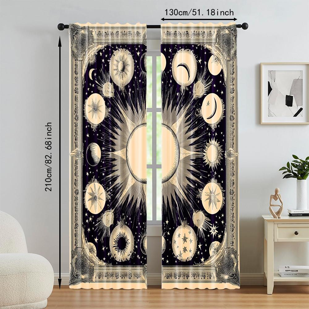 2Pcs Bohemian Moon Sun Window Curtain Vintage Star Design Polyester Material Rod Pocket Drapes For Bedroom Living Room