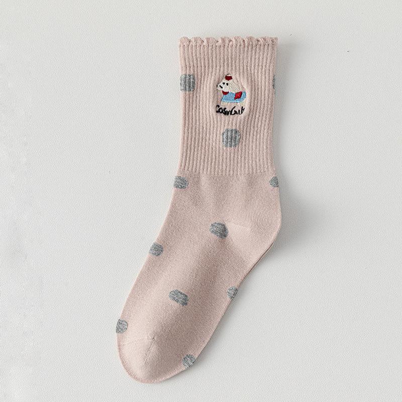 Lace Socks for Women, Mid-calf Socks for Autumn and Winter, Polka Dot Cartoon Puppy Sports Cotton Socks, Boneless Women's Socks