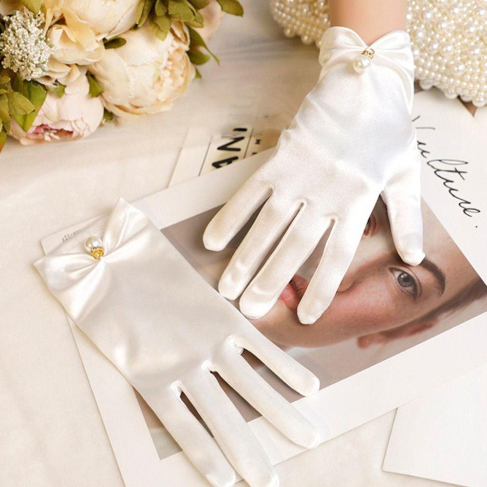 Elegant Five Finger Bridal Gloves Pearl White Black Full Finger Gloves Lolita JK Wedding Gloves Women Girls