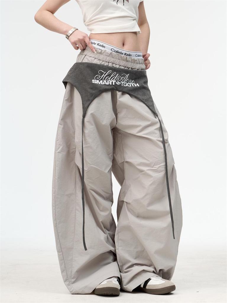Europäischer & Amerikanischer Stil High-Sense Schnür-Cargohose mit Layered Wide-Leg Parachute Design