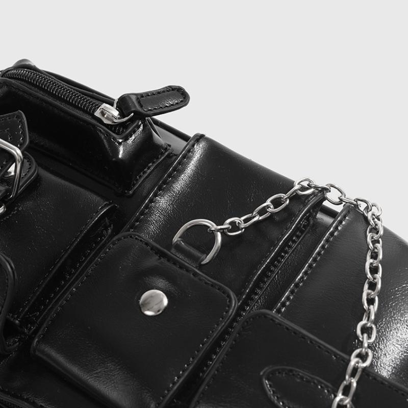 Women Biker Bag Multi Pocket Commuter Shoulder Solid Color Slant Cross Chain Bag