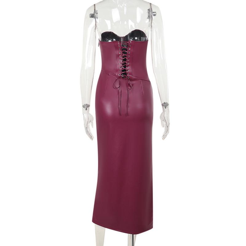 Dámské sexy šaty maxi bez ramínek z PU kůže Módní šaty bez rukávů s odhalenými rameny, plisované, slim, elegantní, společenské, večerní šaty