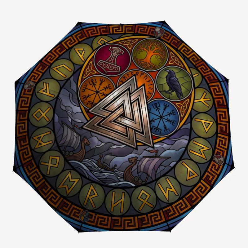 Norse Symbolism pattern umbrella, portable and foldable design, 8 ribs, a casual accessory for Halloween, Christmas, and birthday gifts.