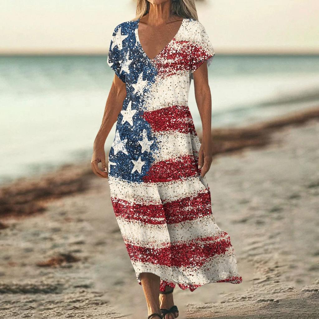 Sommerkleid Damen Lang Strandkleid Elegantes Kleid V-Ausschnitt Kurzarm Sommerkleid Leicht Luftig