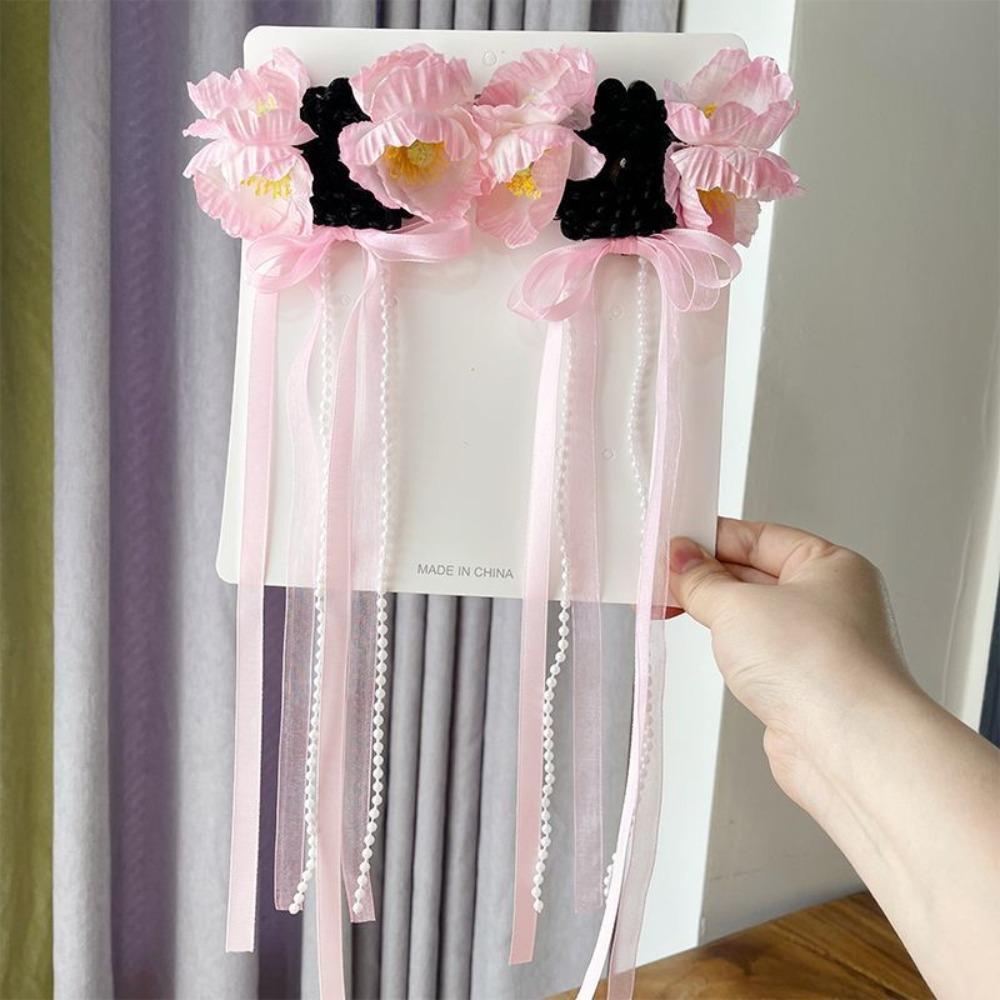 

2pcs Cute Flower Long Tassel Hair Bun Decor Children Hair Tie Hair Styling Accessory розовый