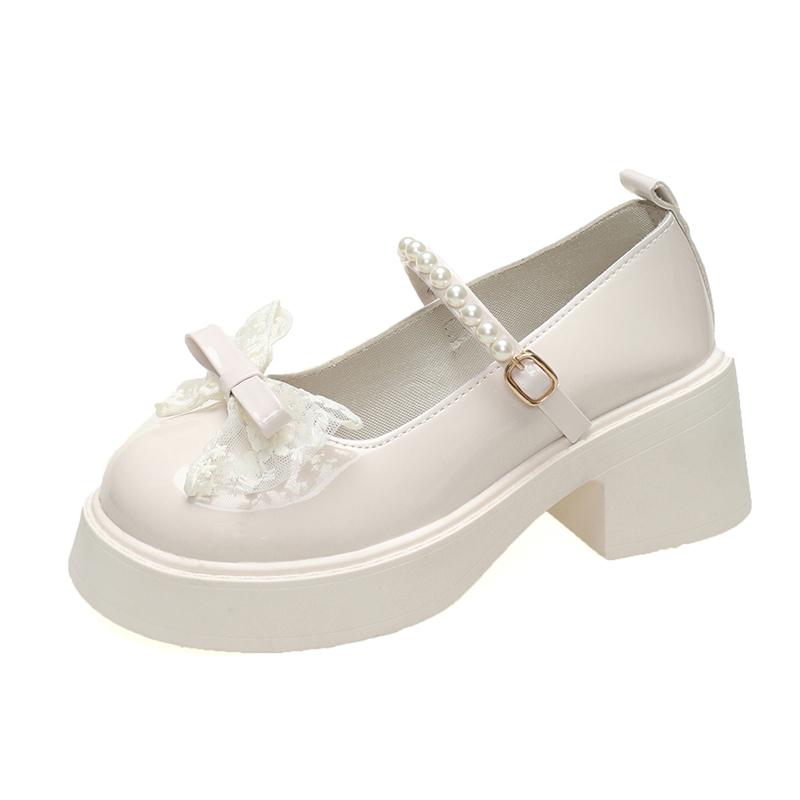 

Fashion Chunky Heel Shoes Summer New Round Head Shallow Mouth Lace Butterfly Knot Metal Buckle Waterproof Platform Non-slip High Heels 40 бежевый