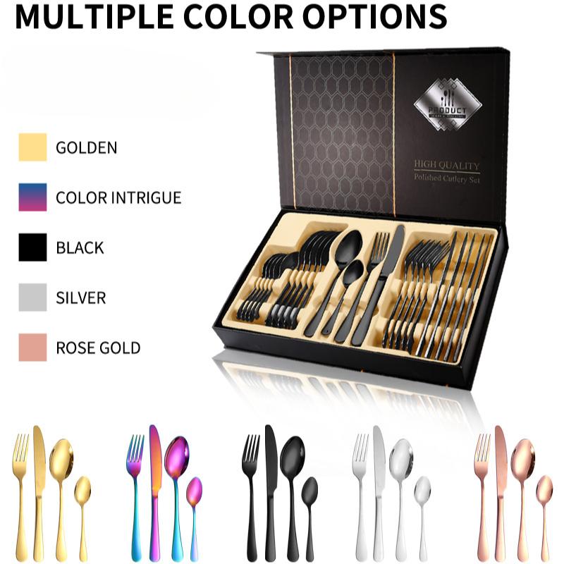 24Pcs Stainless Steel Dinnerware Cutlery Gift Box Set Knife Fork Spoon Specular Light Tableware Flatware Set Kitchen Accessories