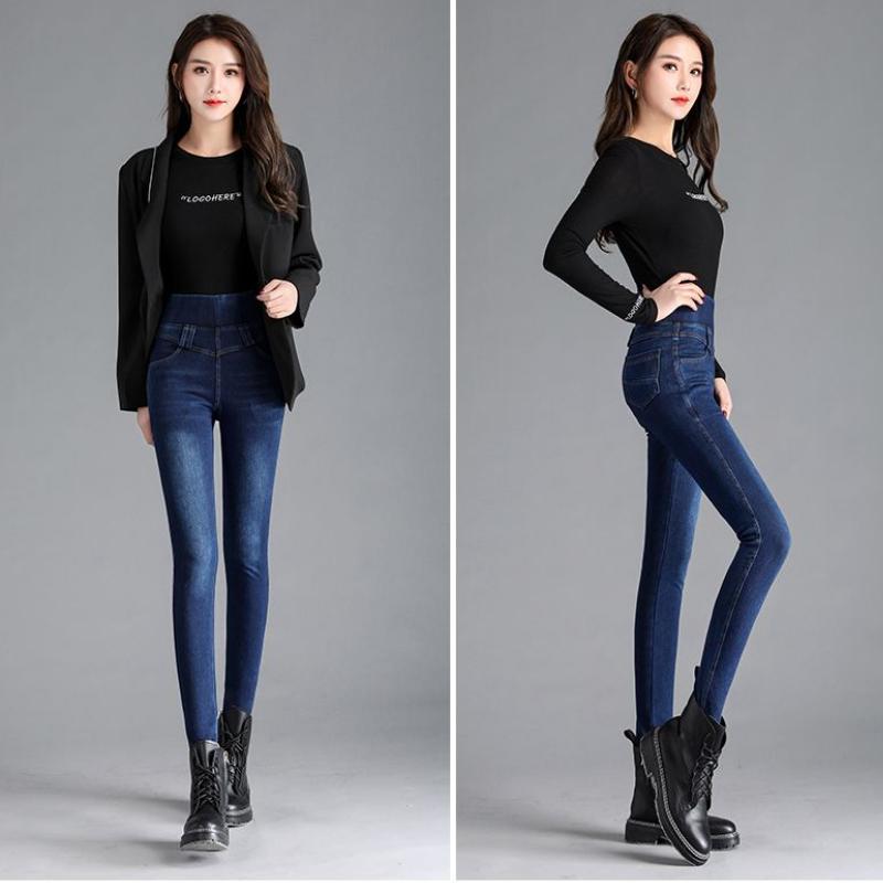 Plus-size jeans med høy midje for kvinner Høst Slim Stretch Denim Blyantbukser Duskbelte Skinny Push Up vaskede jeans Damebukser