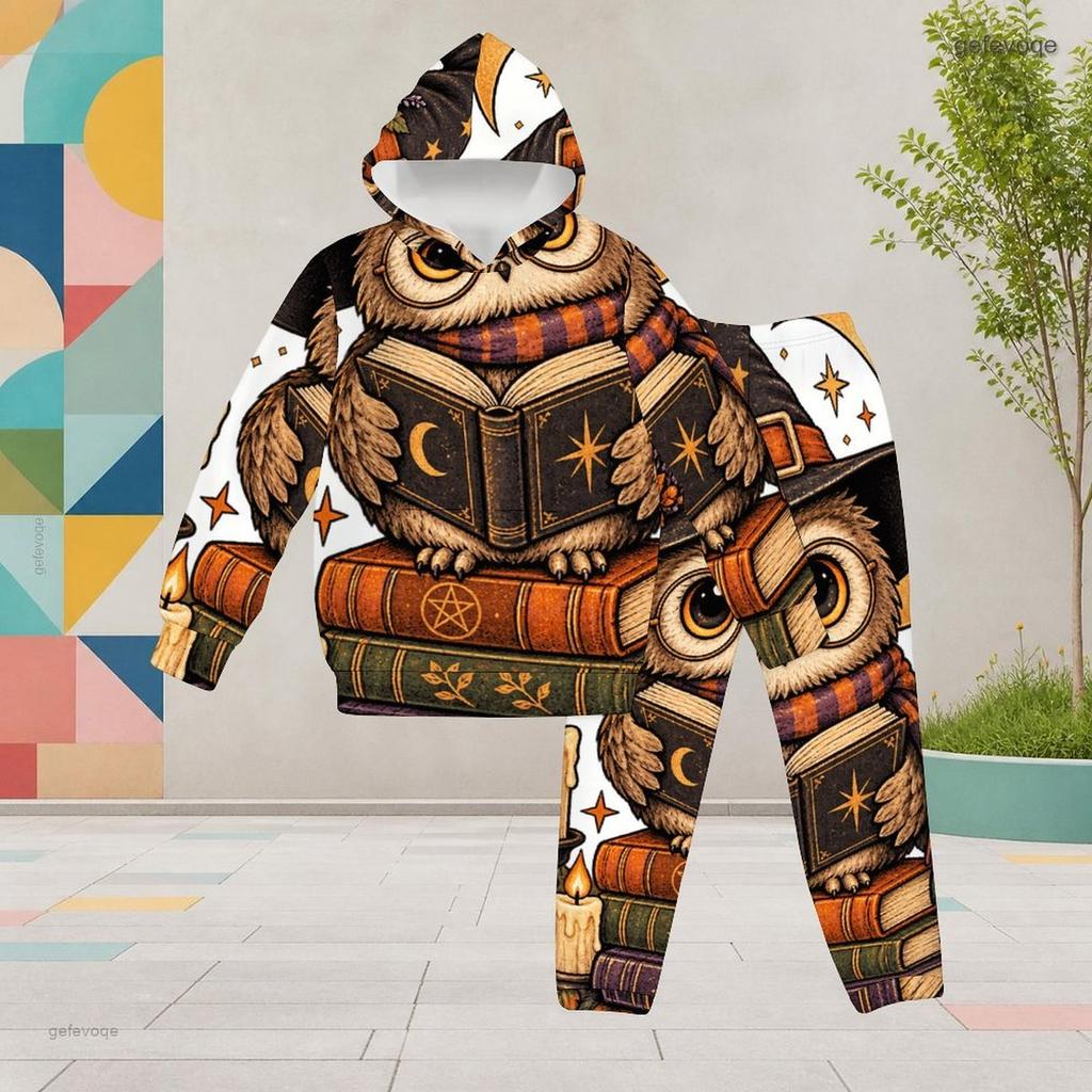Girls Hooded Long Sleeve Owl Book Printed Two Piece Set Kangaroo Pocket Cuffed Pants