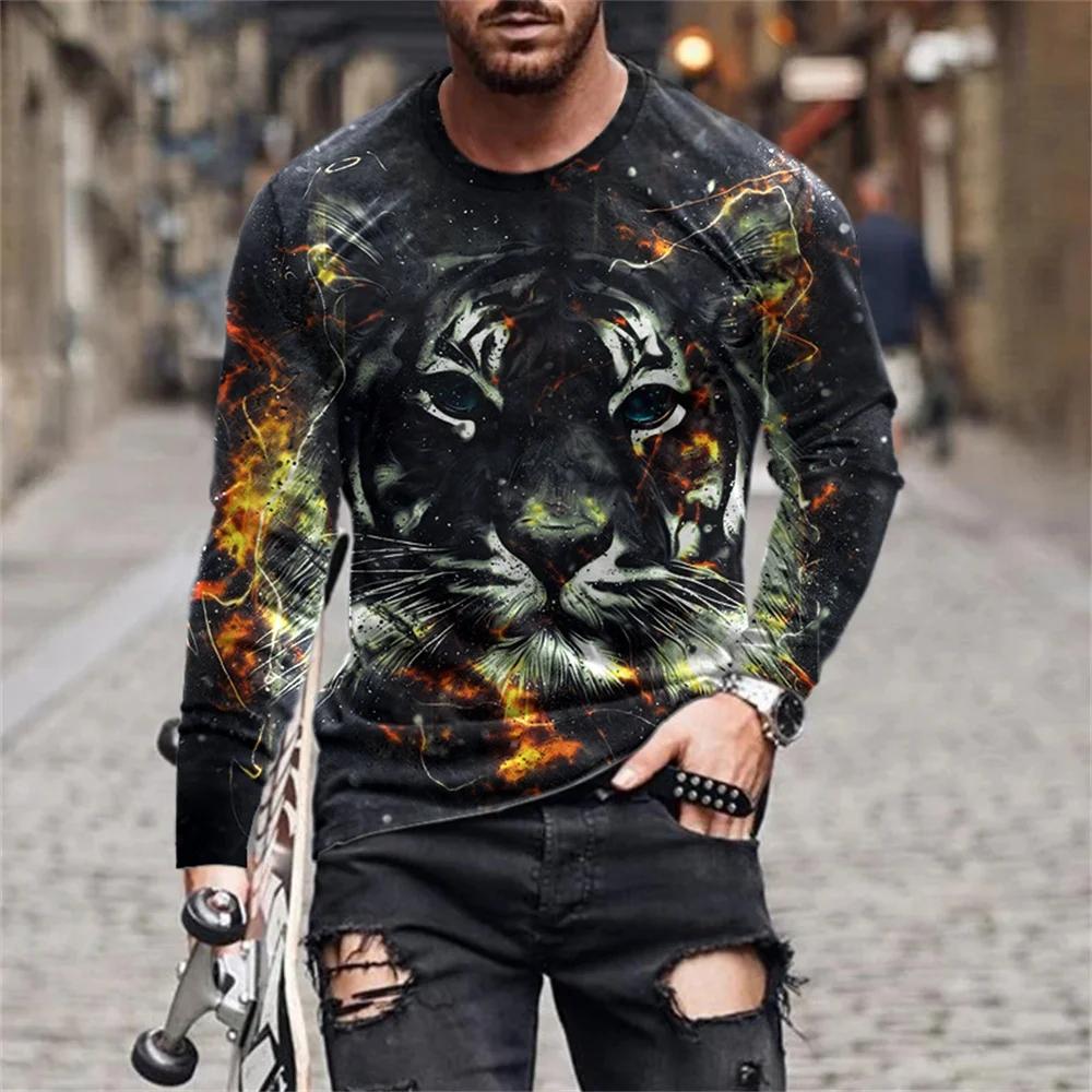 Fashionable New Animal Lion Print Men's O-neck Long Sleeved T-shirt Casual Oversized Pullover Round Neck Comfortable Top