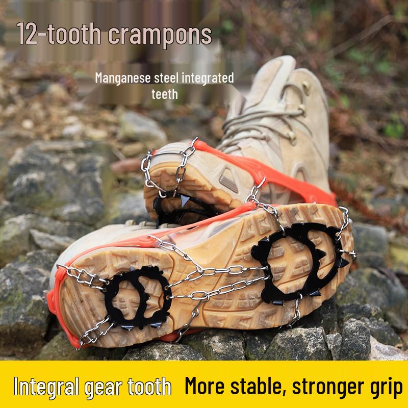 12-Tooth Manganese Steel Ice Cleats: Outdoor Anti-Slip Shoe Spikes for Icy Roads & Mountaineering