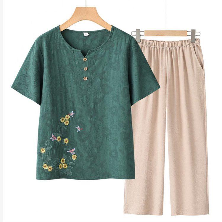 Elderly Women's Summer 2026 Short Sleeve Loose T-Shirt Two-Piece Set