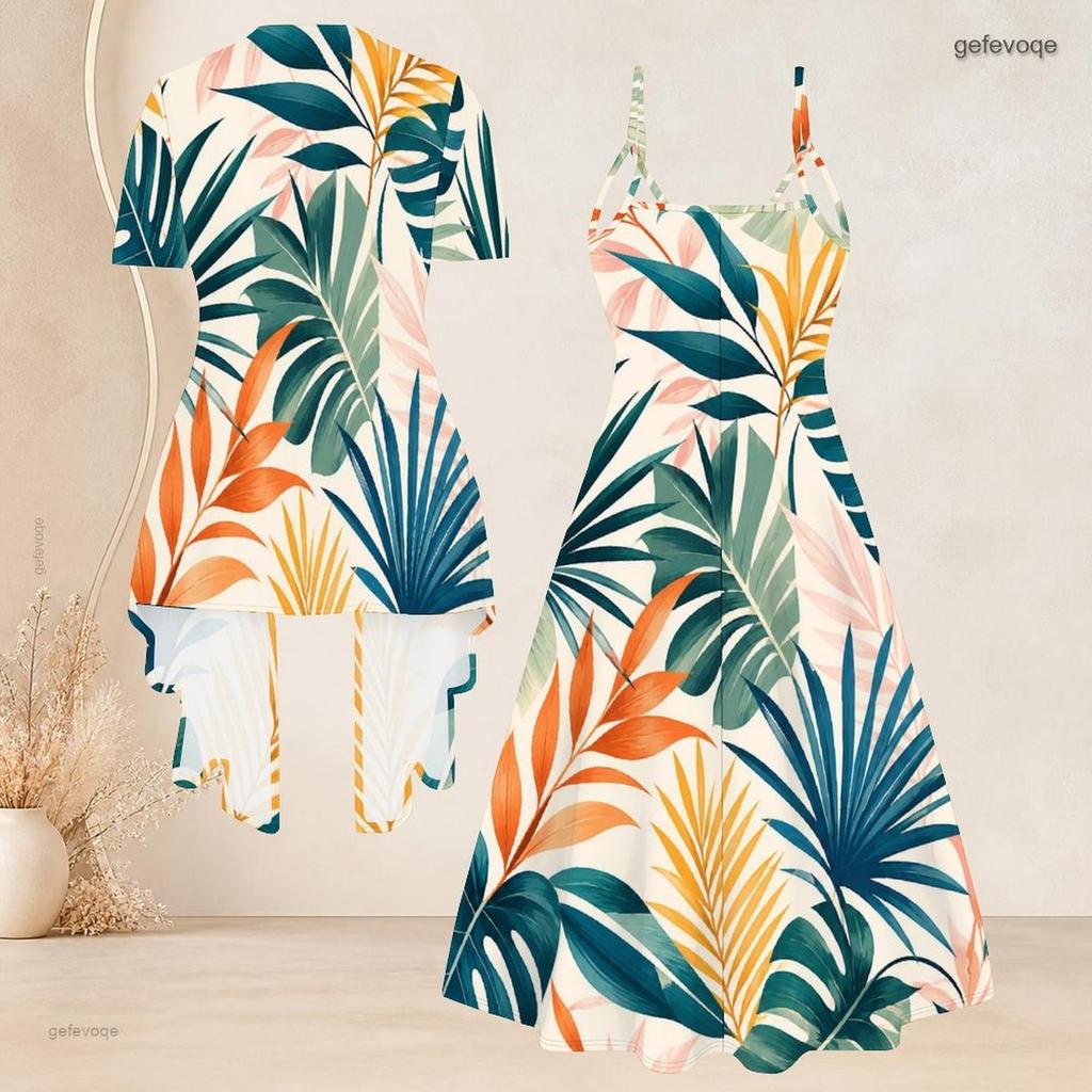 Women Plus Size Two Piece Set Tropical Leaf Printed Short Sleeve Cardigan Strappy V Neck Flared Dress