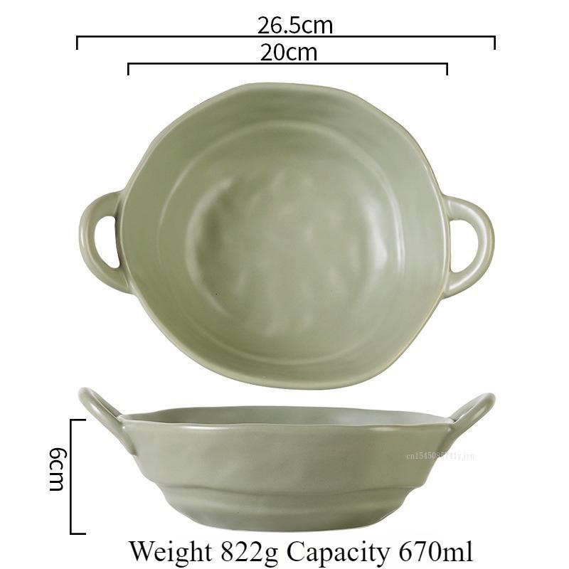Ceramic Salad Bowl with Handle Binaural Bowl Irregular Ceramic Kitchen Soup Noodles Dessert Salad Bowl Heat-resistant Design 1PC