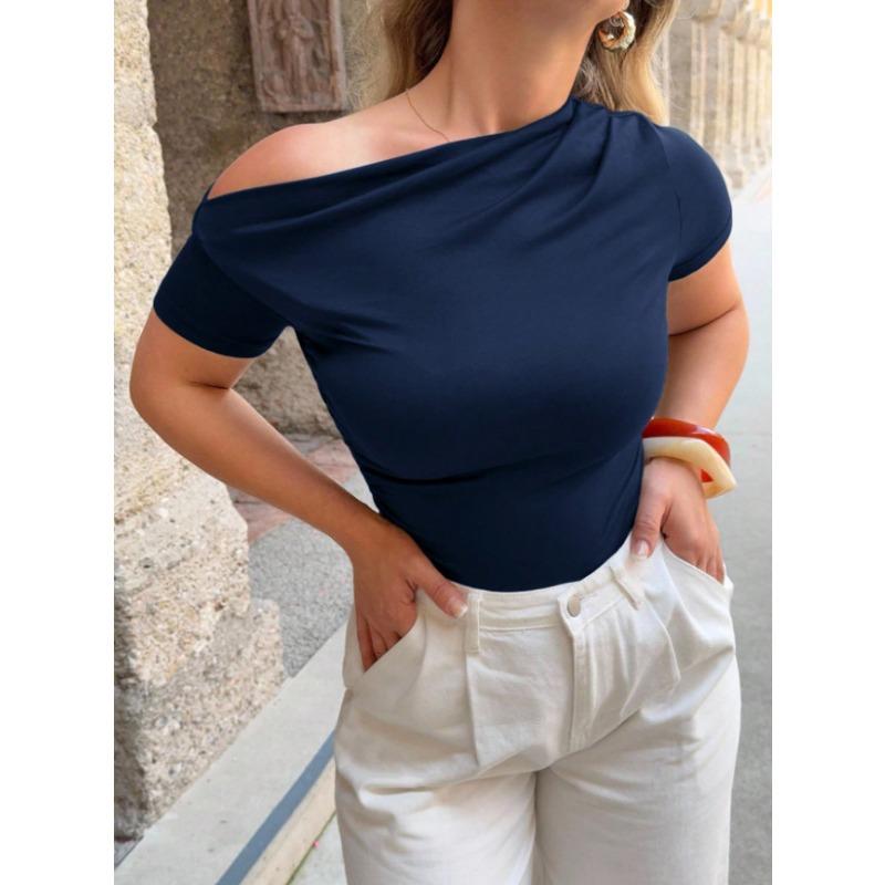 Womens Solid Asymmetrical Off Shoulder Short Sleeve Slim Fit Top