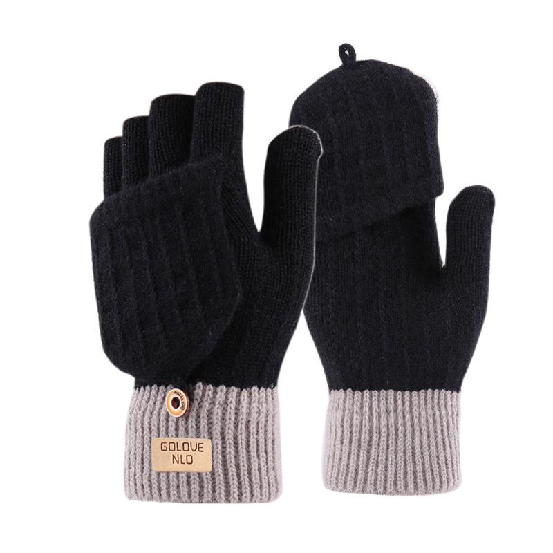Half finger flip gloves winter ladies cute fleece cold-proof warm wool knitted autumn and winter dew fingers