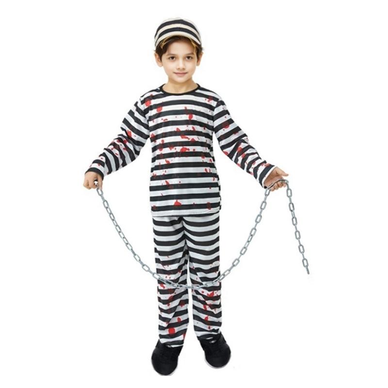 

Breathable Striped Prison Jumpsuit Costume For Children With Detachable Chain And Hat Halloween Outfit L