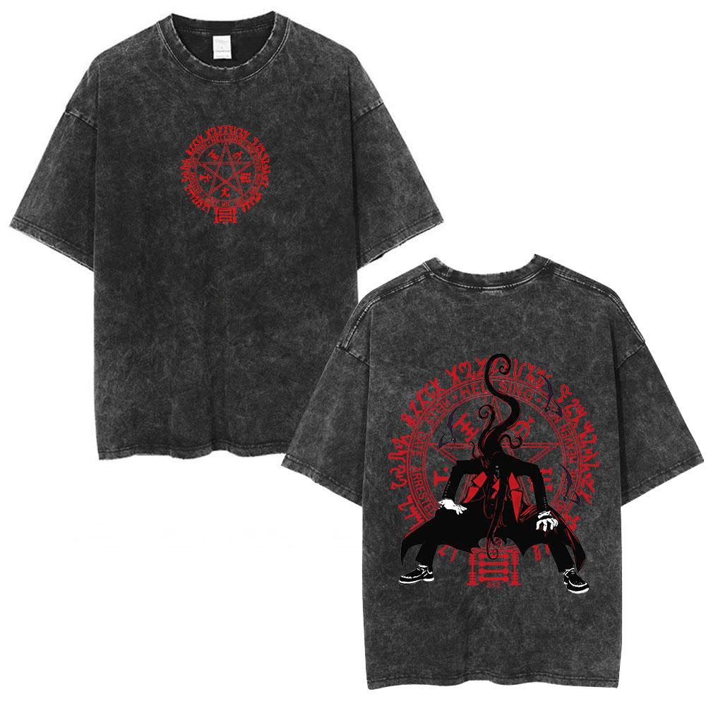 Anime Hellsing Ultimate Alucard Vintage Washed T-shirt Vampire Manga Horror T Shirt Mens Gothic Casual Cotton Oversized T-shirts S разноцветный