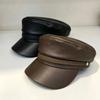 Retro Pu Leather Octagonal Hat Female British Style Fashion Temperament Flat Top Hat Big Face Show Face Small Beret Newsboy Hat