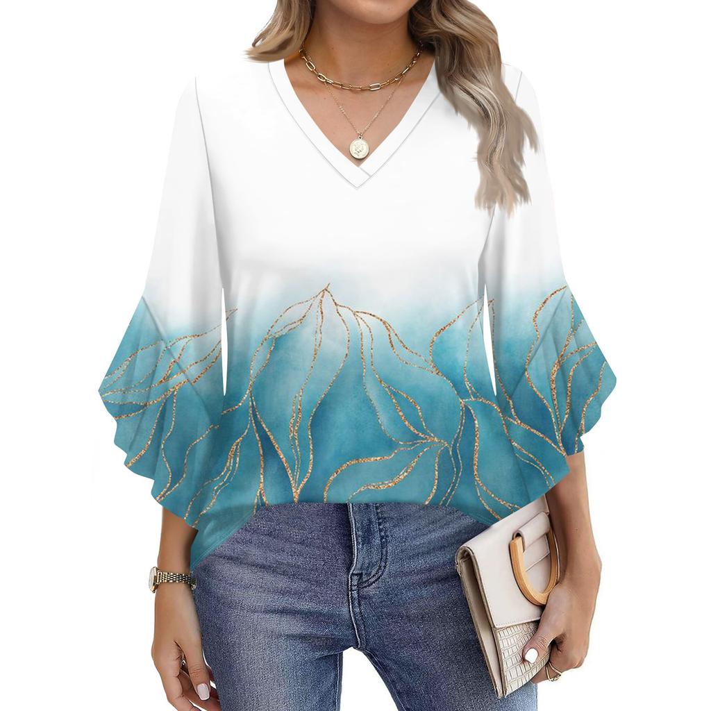 Women's Fashion Casual Seven-minute Sleeve Vintage Floral Print Top V-neck T-shirt Flared Sleeve Shirt