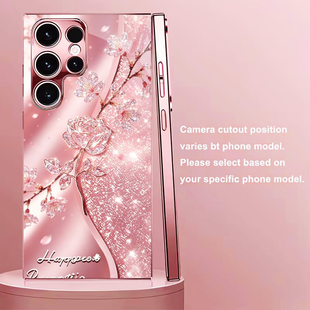 Pink Glitter Crystal Rose phone case s26 ultra case quad lock glass for Samsung Galaxy S26 S25 S24 S23 S22 FE Ultra Plus