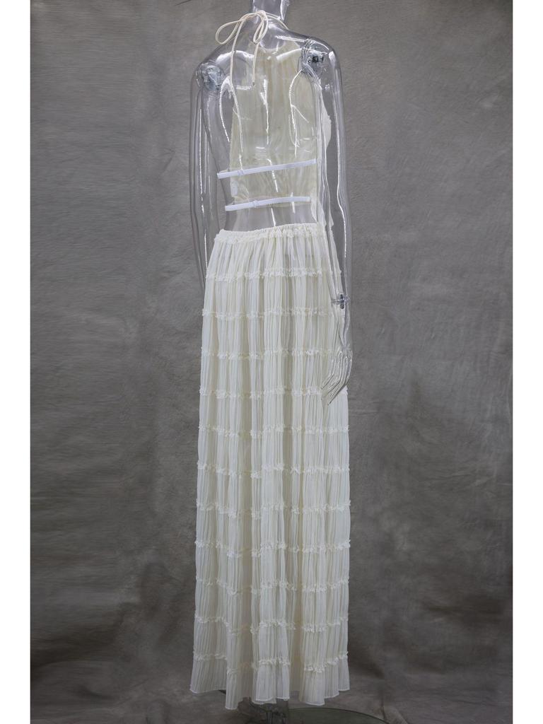 2024 Spring/Summer European & American Fashion Backless Halter Lace Ruffle Maxi Dress Set