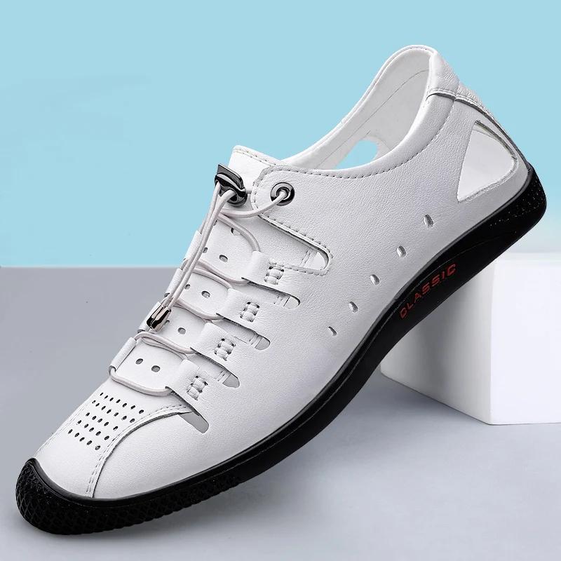 Summer New White Leather Hollow Out Sandals Breathable Comfort Men Beach Shoes Fashion Soft Sole Male Flat Casual Leather Loafer