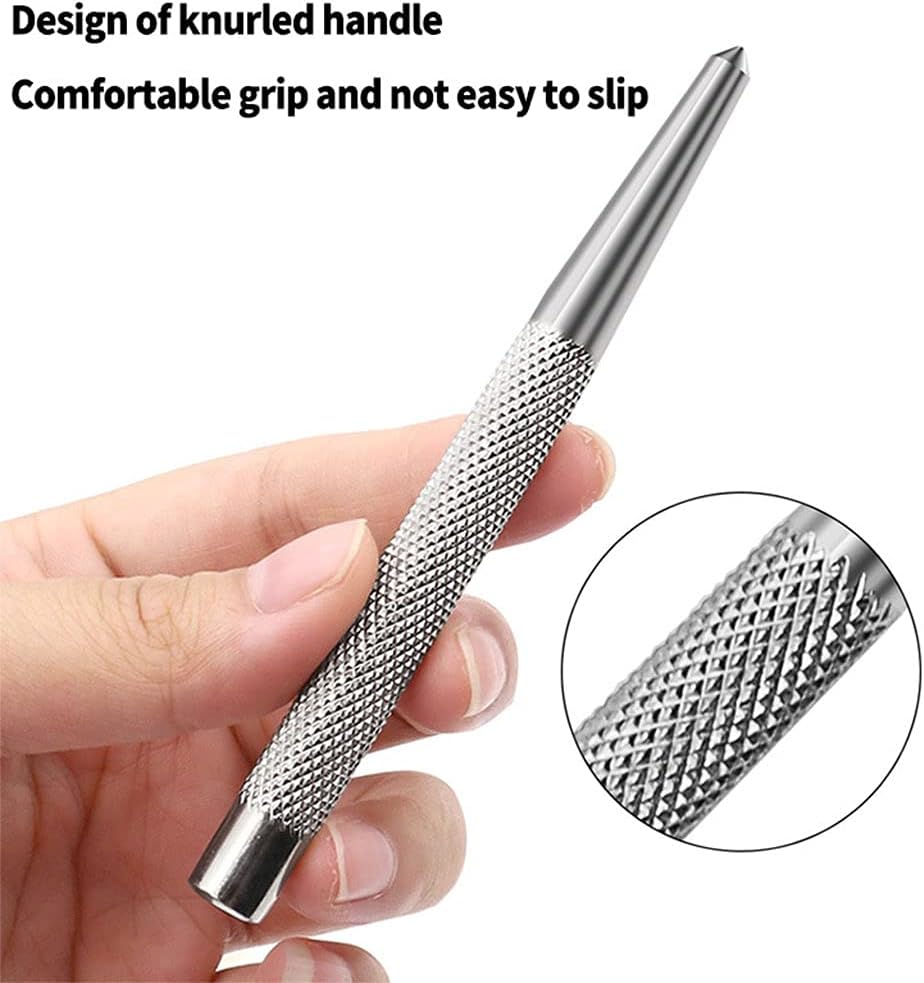 Středicí jehla s vysokou tvrdostí Neklouzavá rukojeť Kuželový hrot Středicí lokátor Značka pro vrtání do kovu Středicí jehla Kladívkový středicí hrot