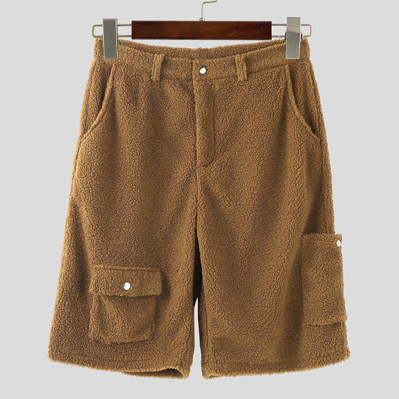 INCERUN Men Zip-up Waist Furry Casual Loose Shorts Half Pants