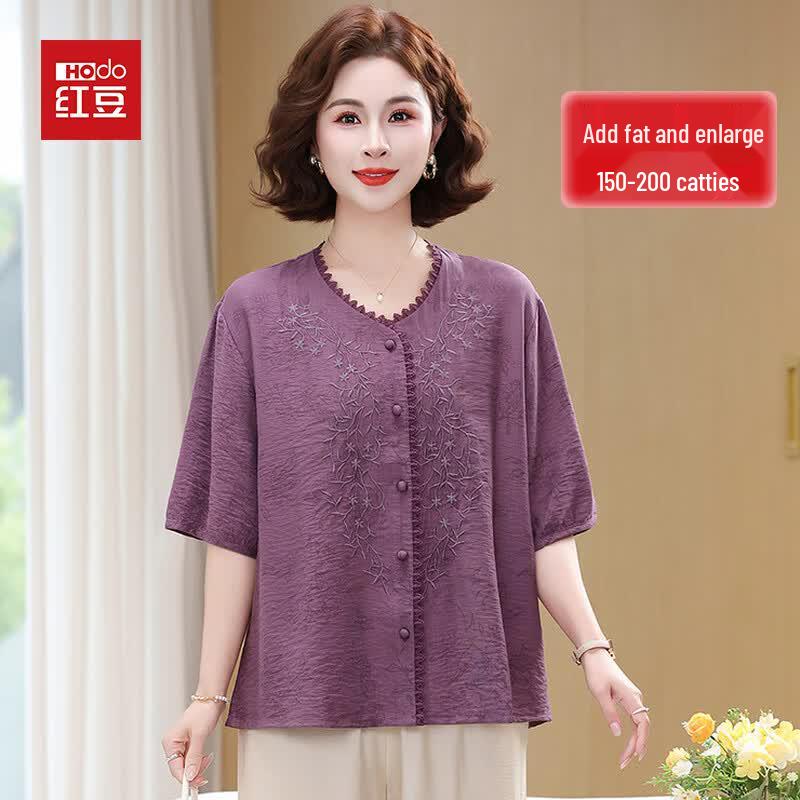 Hodo Women s Plus Size Summer Embroidered V-Neck Short-Sleeve Shirt 3XL