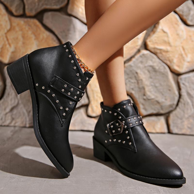Fashion Punk Metal Rivet Buckle Pu Street Chelsea Boots Women 2025 Winter Pointed Toe Medium Heel Ankle Boots Fashion Warm Cotton Shoes