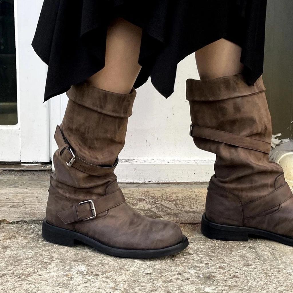 Zhang Yuanying Same Belt Buckle Stack Boots Women's Thick Heel Retro Old Medium Tube Boots Pleated Western Cowboy Knight Boots
