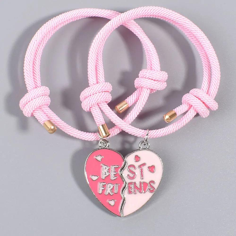 2Pcs Heart-shaped Stitching Bracelet Magnet Pendant BFF Friendship Handmade Weaved Jewelry Birthday Gifts for Kids Women 2026