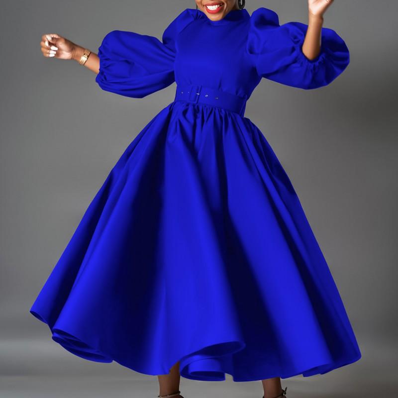 Large Size Women's Clothing Europe America Loose Fashionable Solid Color Big Skirt Bubble Sleeves Medium Long Dress African