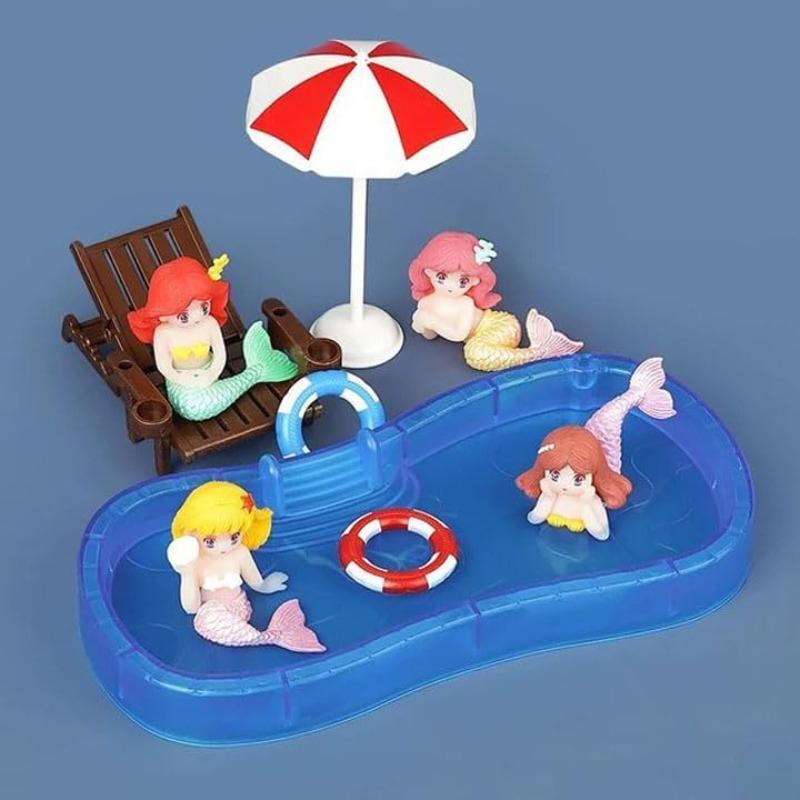 Plaj Mini Bebek Evi Dekorasyon Seti Şemsiyeli Sandalyeli Yüzme Simidi Yüzme Havuzu Seti ile Bebek Evi Oyuncak Aksesuarları