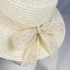 Sun Hat Lace Bow Decor Flat Top Wide Brim Straw Hat Hand-Woven Sunproof Windproof Summer Beach Picnic Basin Hat