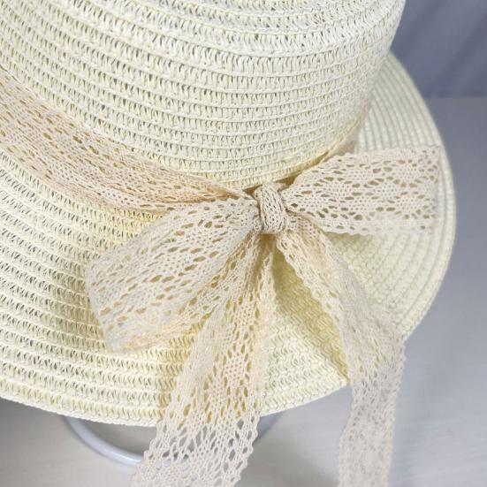 Sun Hat Lace Bow Decor Flat Top Wide Brim Straw Hat Hand-Woven Sunproof Windproof Summer Beach Picnic Basin Hat