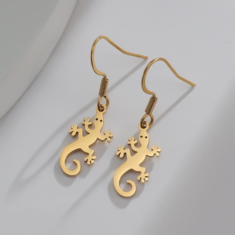 18K Gold Stainless Steel Gecko Earrings: Small Animal Design, Smooth Laser-Cut Surface for Women золотой