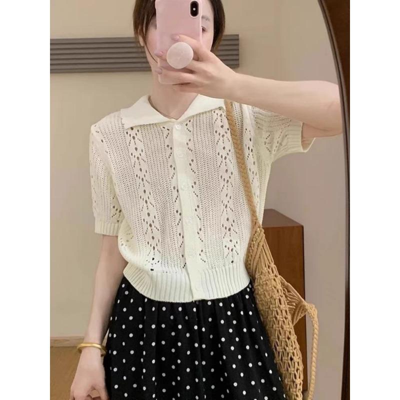 Summer Ice Silk Hollow Blue Lapel Short-sleeved Knitted Sweater Women's New Commuter Versatile Chic Polo Top