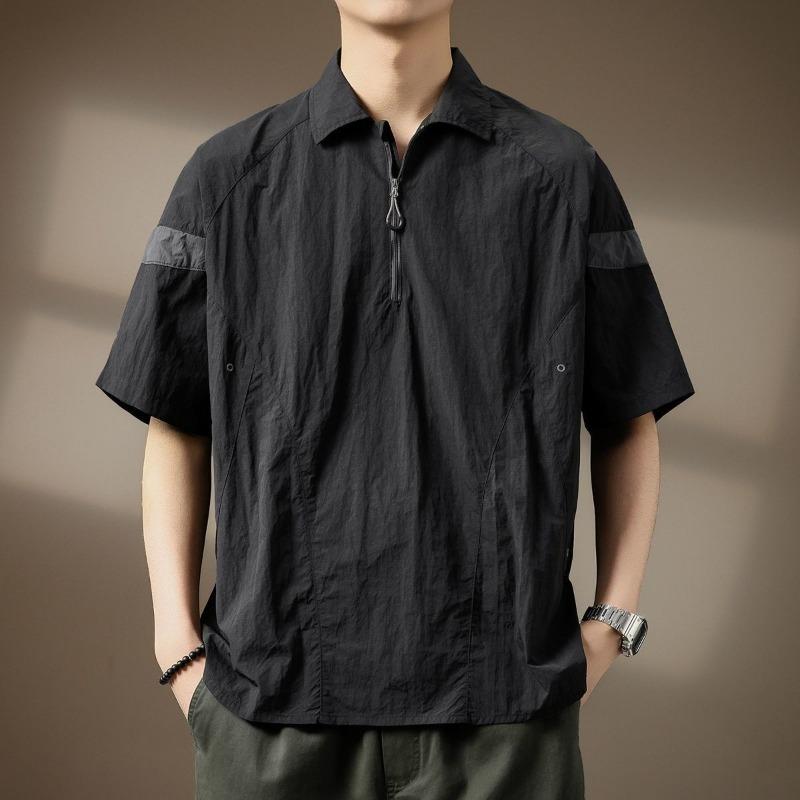 

Men s Half Zip Nylon Short Sleeve Polo Shirt Casual Streetwear Top S чёрный