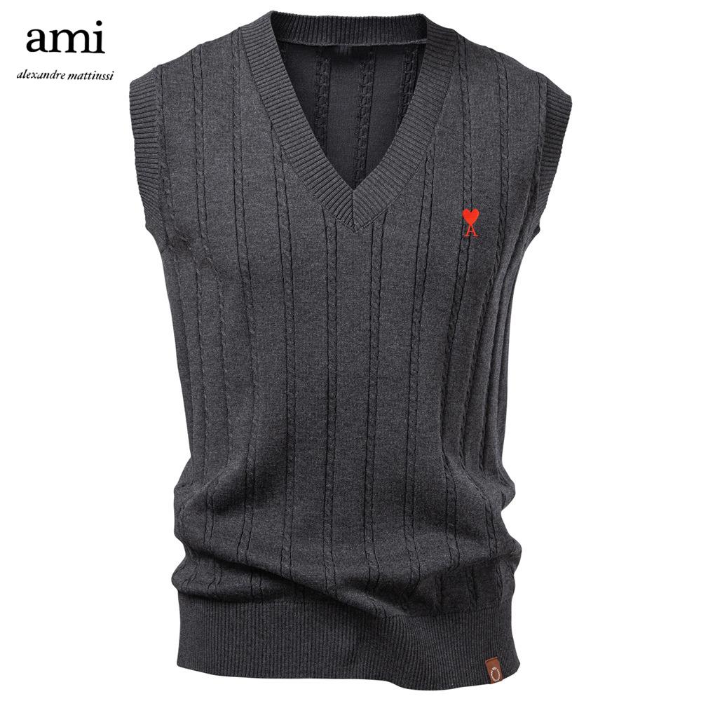 AMI Embroidery Autumn/Winter 2025 European Size V-neck Fried Dough Twists Sweater Vest for Men's Business Sweater Waistcoat
