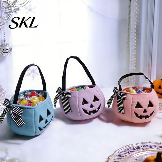 Festive Pumpkin Decoration Halloween Candy Bag for Kids, Trick or Treat Tote Cute Gift with Handle, Reusable Snack Bucket Party Favors Large