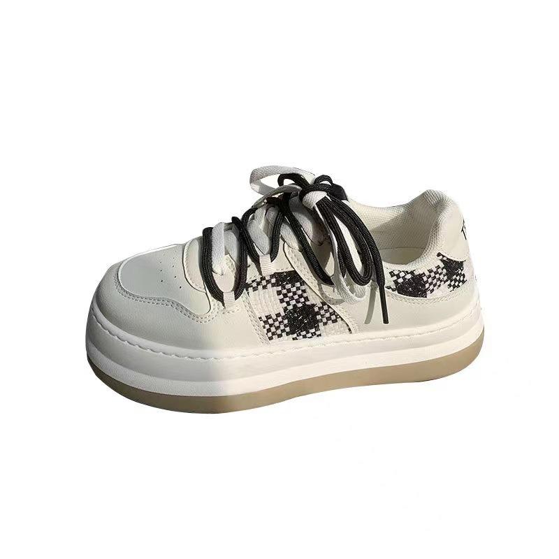 Retro Big Head Shoes Children's Spring and Autumn New Plaid Platform White Shoes Versatile Casual Board Shoes