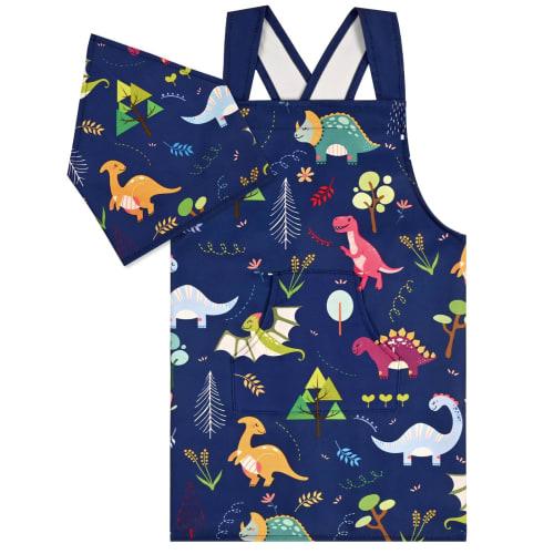 Athbavib Kids' Dinosaur Apron, Navy, with Triangle Scarf and Pockets, Easy to Put on and Take Off, Kids' Apron, Back Cross Apron, Adjustable, 50*60cm,
