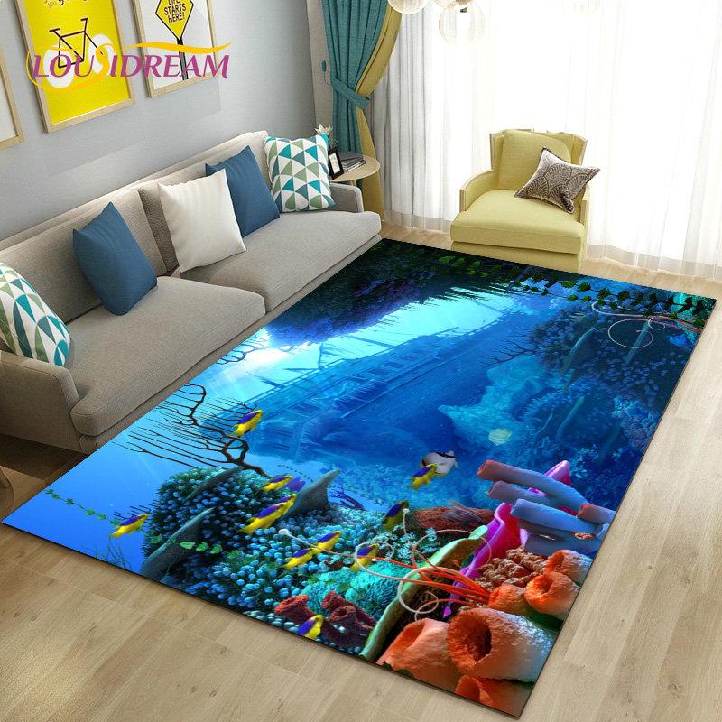 3D-Illusion Unterwasserwelt Meeresboden Delfin Hai Teppich, Teppich für Wohnzimmer Schlafzimmer Sofa Fußmatte Rutschfeste Bodenmatte