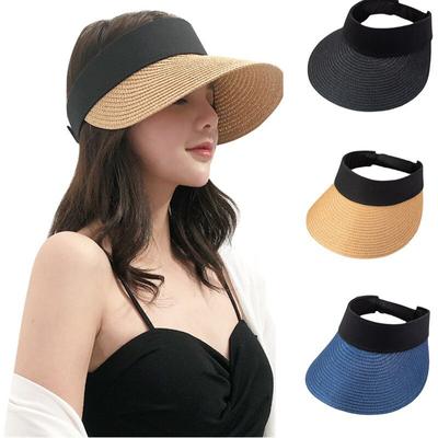 Summer Empty Top Suncap Portable Foldable Magic Tape Roll-up Beach Hat Wide Brim Women Sun Hat Fashion Casual Straw Cap Visors