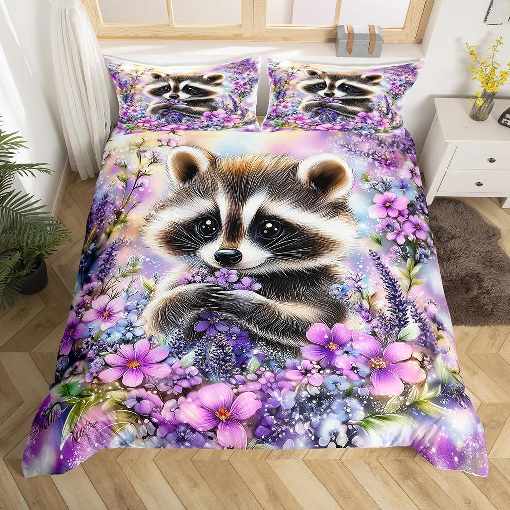 Cartoon Raccoon Bedding Set Cute Raccoon Duvet Cover For Kids Boys Girls Raccoon Lover Gift Wildlife Comforter Cover Twin Queen