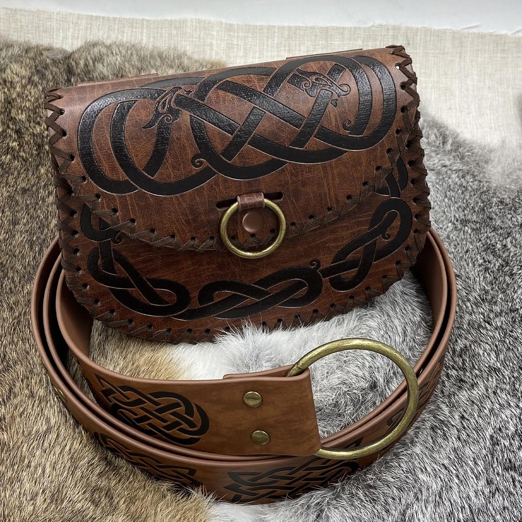 Medieval PU Leather Belt Waist Bag Two-Piece Set Viking Print Boat Shaped Pirate Halloween Retro Role Playing Costume Props