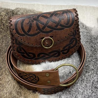 Cinturón de Cuero PU Medieval Bolso de Cintura Set de Dos Piezas Estampado Vikingo Forma de Barco Pirata Halloween Retro Accesorios de Disfraz de Rol